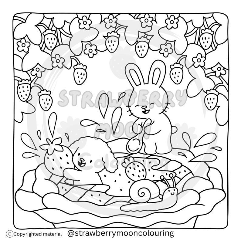 May include: Black and white line art illustration of a bunny and a dog playing in a strawberry-filled pool. A snail is also present. The image is surrounded by strawberry vines and flowers. Text in the image reads "STRAWBERRY MOON".