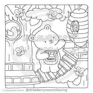 May include: Black and white illustration of a bear holding a honey pot, standing on a wooden bridge. Bees and a bird are also present in the forest scene. The text "HONEY" is visible on the honey pot. The image is a coloring page.