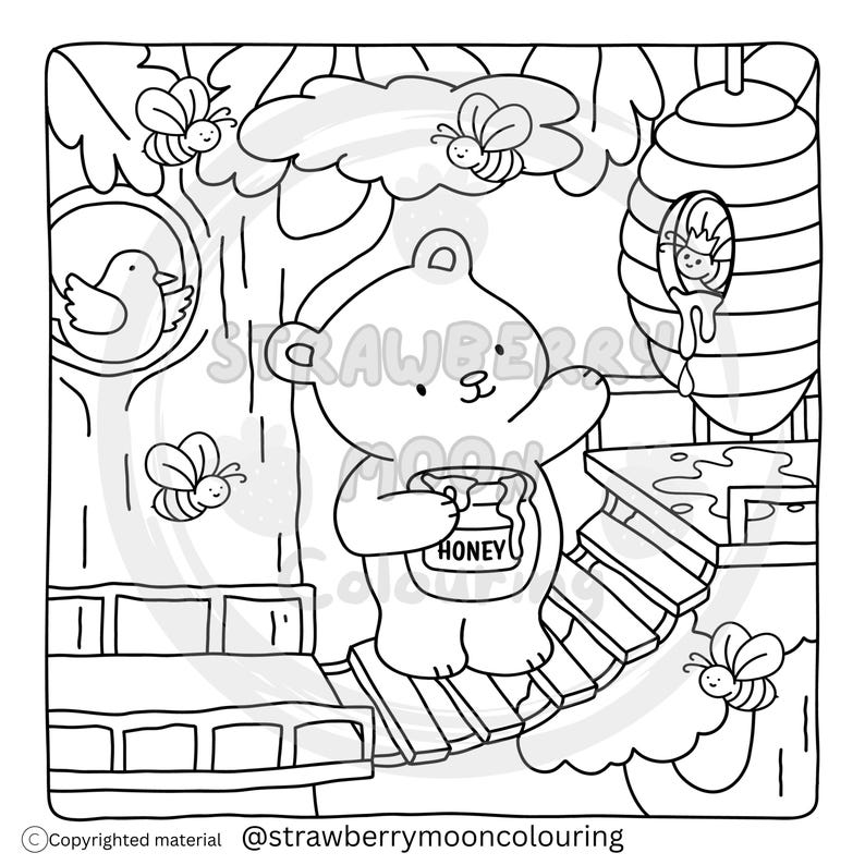 May include: Black and white illustration of a bear holding a honey pot, standing on a wooden bridge. Bees and a bird are also present in the forest scene. The text "HONEY" is visible on the honey pot. The image is a coloring page.