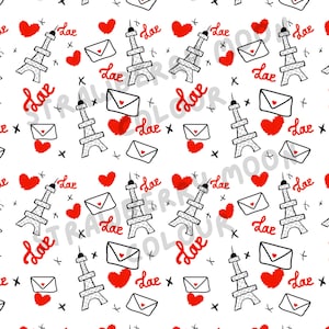 May include: A repeating pattern on a white background featuring the Eiffel Tower, red hearts, envelopes, and the word "Love" in red script. Black cross marks are scattered throughout the design.