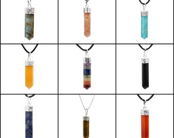 May include: Nine different crystal point pendants on black cords. The pendants are made of labradorite, carnelian, amethyst, clear quartz, black obsidian, tiger's eye, and red jasper.
