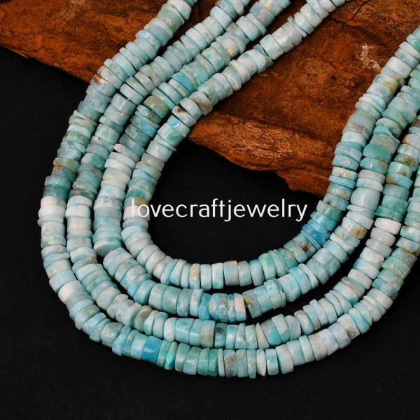 Natural Blue Larimar Smooth Heishi Gemstone Beads, 16 Inch Strand, Size - 6-7mm DIY bracelets, necklaces For Jewelry making Craft supplies
