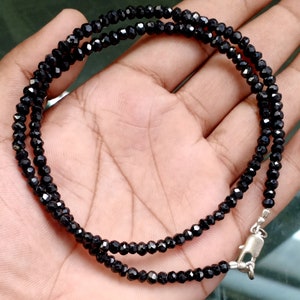 Natural Black Spinel Beads Necklace, 4x4mm Roundelle Gemstone Necklace, Tiny Black Spinel Faceted Necklace, Woman Necklaces Jewelry 18&quot;