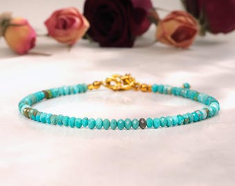 Pulsera de cuentas de turquesa natural, hecha a mano, con piedra de nacimiento de diciembre, regalo para mujer, pulsera de plata de ley 925