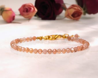 Natural Sunstone Beads Bracelet, Shimmering Gemstone Jewelry, Adjustable 18k Gold Plated Clasp, Elegant Minimalist Bracelet Gift for Her