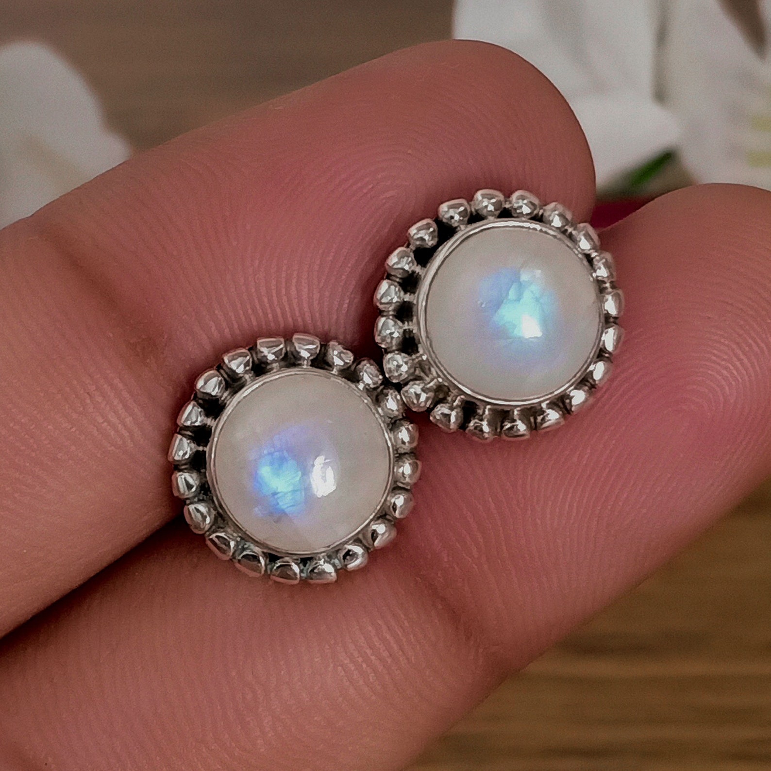 Natural Rainbow Moonstone Stud Earrings 925 Sterling Silver Etsy