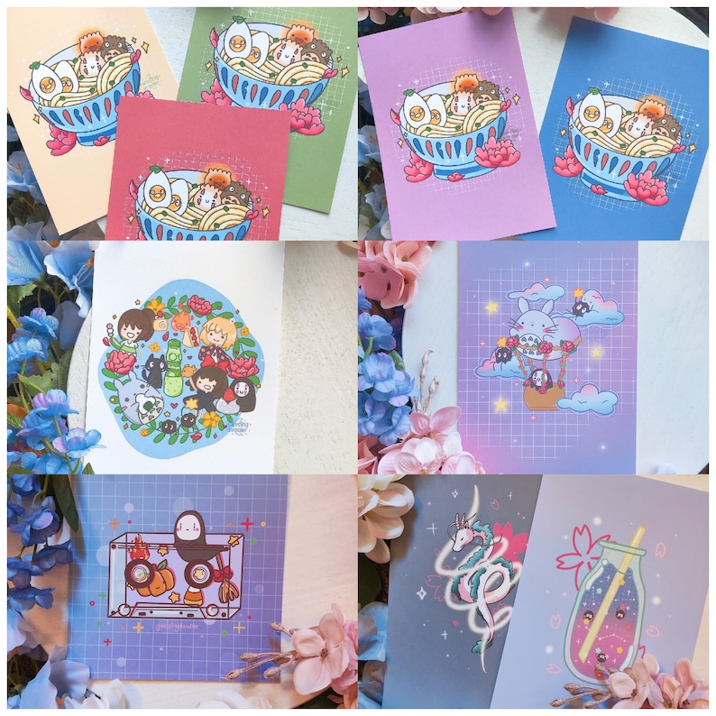 May include: A set of ten 4x6 inch printable art cards featuring various anime and cartoon characters. The cards feature a variety of colors and designs, including a blue card with a cartoon cat in a hot air balloon, a purple card with a cartoon dragon, and a pink card with a cartoon character eating ramen.