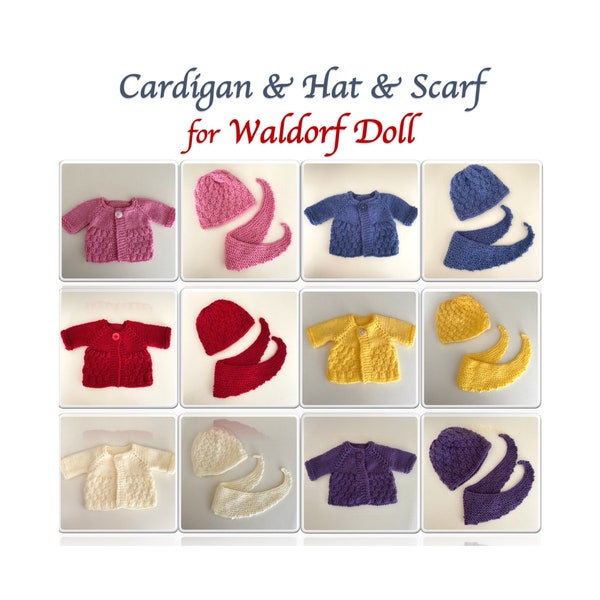 Handmade Waldorf Doll Cardigan, Hat and Scarf Sets for 16" Dolls with Different Color Options