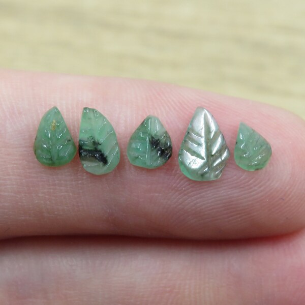 5 Unusual Tiny Hand Carved Natural Emerald Leaf Cabochons 0.32g