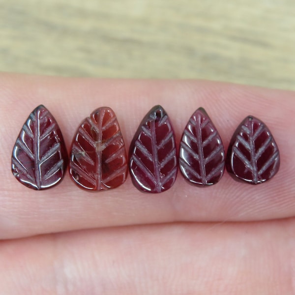 5 Unusual Small Hand Carved Natural Garnet Leaf Cabochons 1.65g