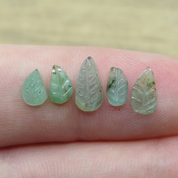 5 Unusual Tiny Hand Carved Natural Emerald Leaf Cabochons 0.44g