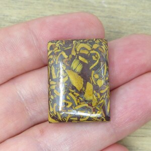 May include: A rectangular gemstone with a polished surface. The stone features a complex pattern of yellow and brown organic shapes, creating a unique and natural design. The gemstone is held in a hand.