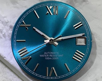Custom Dial Logo 29mm Blue Sunburst Dial with Roman Numerals Compatible with NH35 NH36 Movement Watch Modification Accessories watch hand