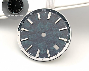Custom Logo NH34 Watch Dial with Yin Yang 24 Hour Ring Ice Blue Lume Date Window for Automatic GMT Movement Watch Making Parts