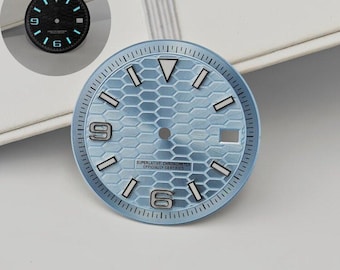 Custom Logo 31mm Honeycomb Watch Dial 3 6 9 Markers Blue Lume Date Window for NH35 NH36 Automatic Movement DIY Dive Watch Parts