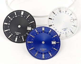 Custom Logo NH34 GMT Watch Dial and 35mm Case Set, Blue or Silver Ice Texture Dial, Dress Watch Hands and Strap, Mechanical DIY Watch Parts