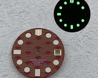 Custom Dial 28.5mm Watch Modification Parts Red and Black Seigaiha Pattern Dial Compatible with NH35 and NH36 Movements
