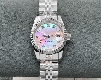 Custom 25.5mm Mechanical Ladies Dive Watch NH05 Automatic Movement Pearl Dial Sapphire Crystal Christmas, Valentine's Day, Mother's Day Gift