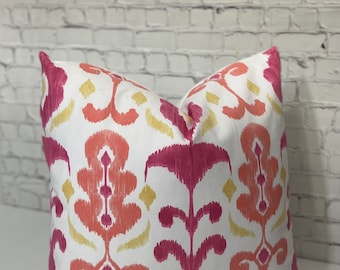 Ikat Pink and Orange Luce Capri Cotton Fabric Handmade Pillow Cover/Toss Accent Throw High End Pillow | Designer Fabric Pkaufman-Custom Made