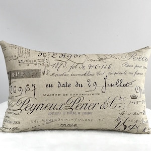 May include: A beige pillow with a brown and white printed design. The print features French text, including "29 Juillet" and "Leyrieux Perier & C".