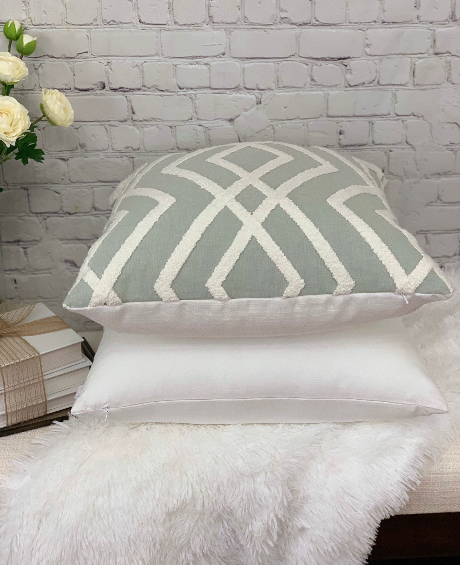 White and Sage Geometric Textured Pillow Cover/toss Accent Etsy