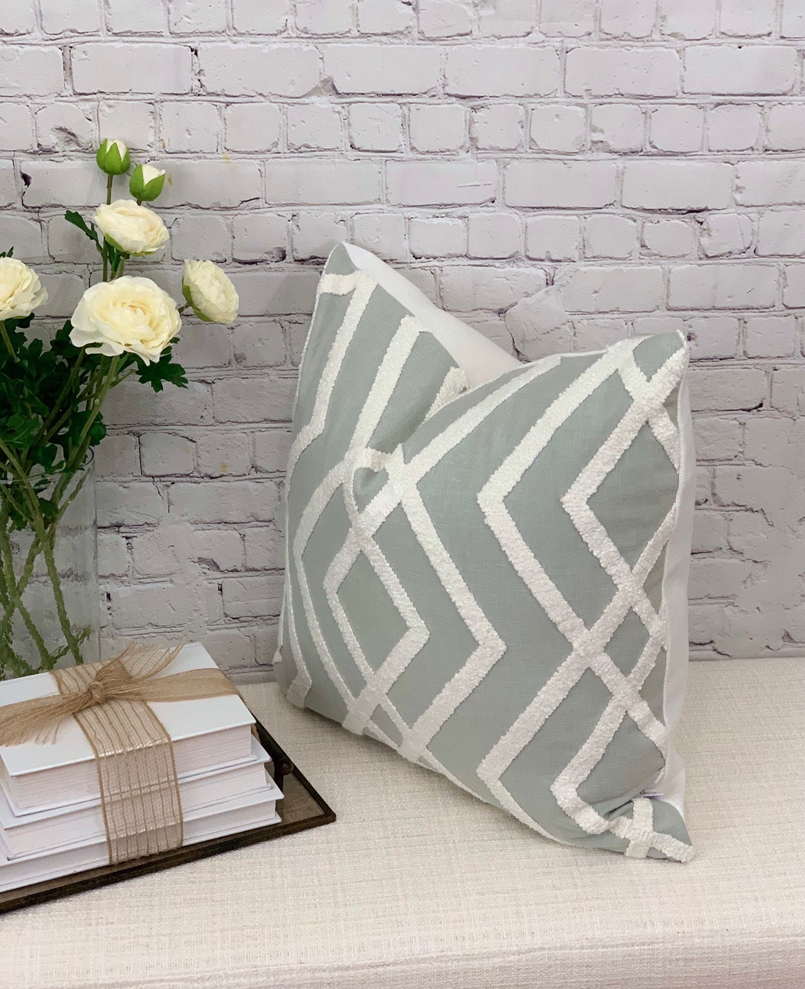White and Sage Geometric Textured Pillow Cover/toss Accent Etsy