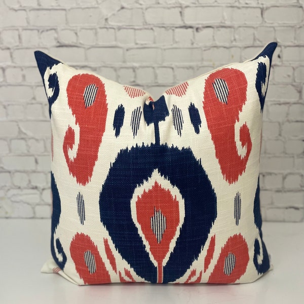 High End Fazil Ikat Print in Coral Red, Blue and Off White Design by John Robshaw Handmade Pillow Cover/Custom Made Toss Accent Throw Pillow