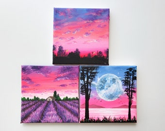 Pink Acrylic Painting on Mini Canvas 3 of Set
