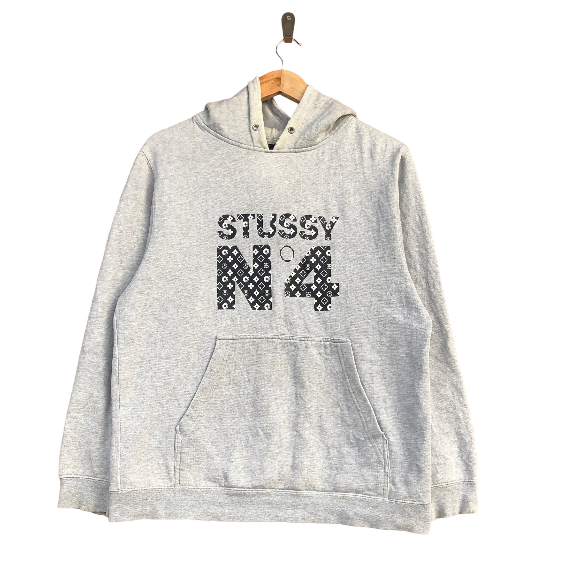 Vintage Stussy N4 LV Monogram Logo Pullover Hoodie Size S Grey 