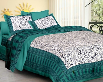 Jaipuri Hand Block Printed Bed sheet, Colorful King Size Bed Cover, Bedspread With set of Two Pillow Covers