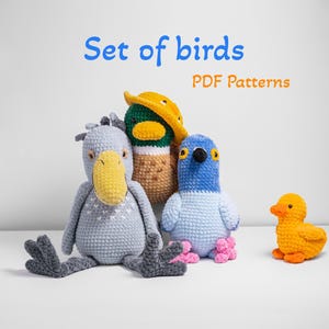 Set of 5 PDF Crochet Patterns of birds: Big Duck, duckling, duck hat, pigeon, shoebill (English) / hand-made instruction / Mallard