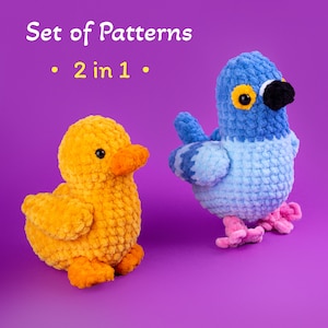 Lot de 2 modèles de crochet PDF faciles pour bébé pigeon / petit oiseau / caneton instructions faites à la main