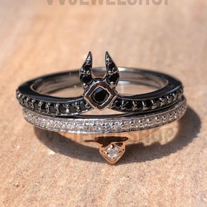 Enchanted Disney Fine Jewelry Ring, 0.25 CT Diamond Aurora Duo Set Ring Set, 925 Sterling Silver Ring Set, Black Rhodium Plated Ring, 6058