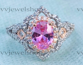 Verzauberte Disney Aurora Pink Oval und 3/4 CT. T.W. Diamant Jakobsmuschel-Verlobungsring in 14K zweifarbigem Gold-Finish, Geburtstagsgeschenk, 5915