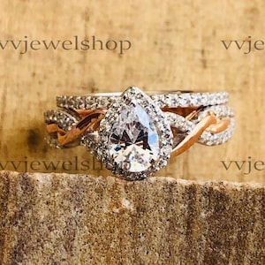 Enchanted Disney Rapunzel 1.14 CT. T.W. Pear-Shaped Diamond Frame Twist Engagement Ring in 14K Two-Tone Gold Finish, Wedding Bridal Set 5829