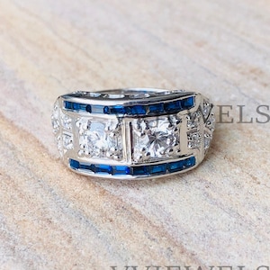 1890s Vintage Toi Et Moi Ring, Art Deco Old European Diamond Engagement Ring in 935 Argentium Silver, Estate Jewelry Sapphire Halo Ring 2622