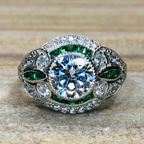 Art Deco Ring, Wedding Ring, 935 Silver Ring, Moissanite Ring, White Gold Ring, Green Baguette Ring, 925 Silver Ring, Engagement Ring, 4655