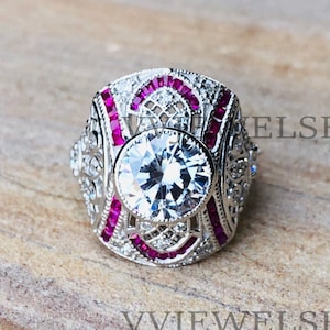Vintage Ring, 935 Silver Ring, Moissanite Ring, White Gold Ring,  Art Deco Ring, Bezel Set Ring, Engagement Ring, 925 Silver Ring, 3857