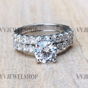 Solid Sterling Silver Wedding Sets, Women&#39;s Bridal Sets, Moissanite Ring With Band, Promise Ring Ser, White Gold Ring Set For Women, 6322