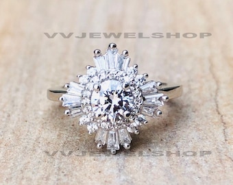 Moissanite Ring, Weißgold Ring, Gatsby Verlobungsring, 925 Sterling Silber Ring, Gänseblümchen Ring, 935 Argentium Ring, 6353