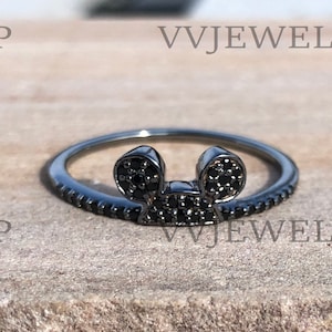 Enchanted Disney Vault Mickey Diamond Ring, Enhanced 0.20 Ct Black Round Diamond Mickey Ring, Full Black Solid 925 Sterling Silver Ring 6264