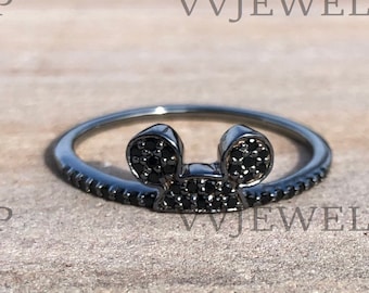 Verzauberter Disney Vault Mickey Diamantring, verbesserter 0,20 ct schwarzer runder Diamant Mickey Ring, vollschwarzer massiver 925 Sterlingsilberring 6264