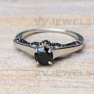 Black Moissanite Ring, Black Rhodium Plated Ring, 925 Sterling Silver Ring, Round Moissanite Ring, Engagement Wedding Promise Ring, 6437
