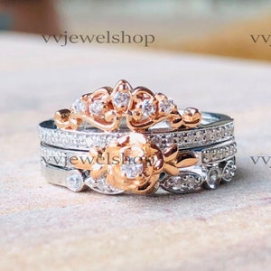 Enchanted Disney Belle 1/5 CT. T.W. Diamond Rose Stackable Band Set in Sterling Silver and 10K Rose Gold Finish, Disney Trio Ring Set, 5995