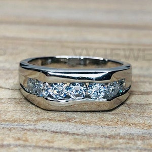 Men&#39;s Wedding Ring, Channel Set Diamond Ring, White Gold Ring, Lab Diamond Ring, Men&#39;s Engagement Ring, Solid 925 Sterling Silver Ring, 7151