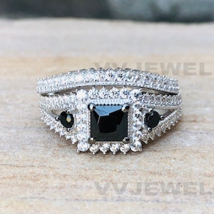 Princess Moissanite Ring Set, Engagement Wedding Bridal Ring Set, Sterling Silver Ring Set, Black Moissanite Ring, White Gold Ring Set, 6575