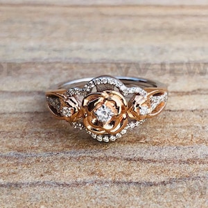 Enchanted Disney Belle Diamond Accent Tripple Rose Swirled Promise Ring in Two-Tone Gold Plated, Tiny Rose Flower Ring Birthday Gift 6391