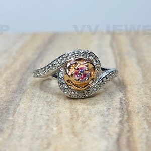 Enchanted Disney Belle Diamond Accent Solitaire Rose Scrolled Promise Ring in Two-Tone Gold Plated, Tiny Rose Flower Ring Birthday Gift 6966