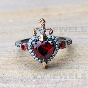 Red Heart Shape Diamond Ring, Gothic Engagement Wedding Ring, Black Rhodium Plated Over Sterling Silver Ring, Rose Gold Sward Ring, 6456