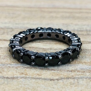 Eternity Band Ring, Black Diamond Band, Round Cut Moissanite Band, Matching Band Ring, Sterling Silver Band, Black Moissanite Band Ring 7210